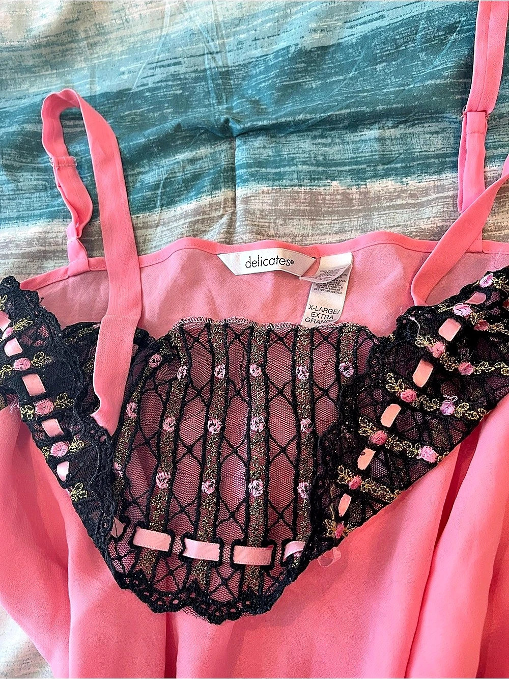 Vintage Lingerie Dress Black and Pink Lace - Picture 2 of 2